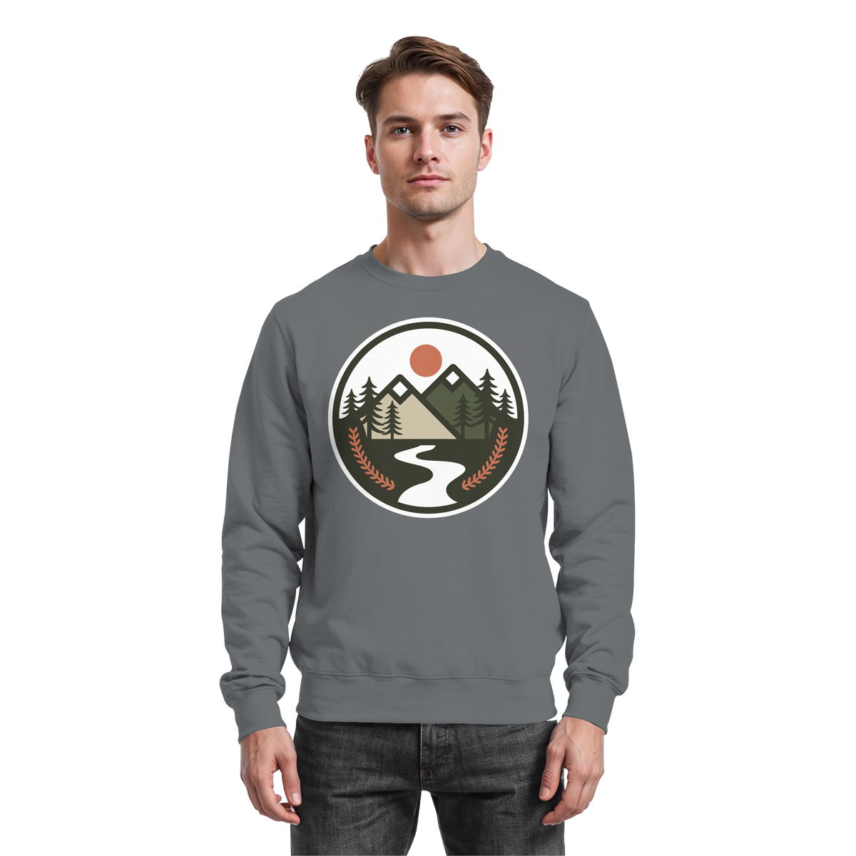 Steel grey Arvenzo Open Ground sweatshirt shown from the front, featuring a basic crewneck design and solid color fabric.