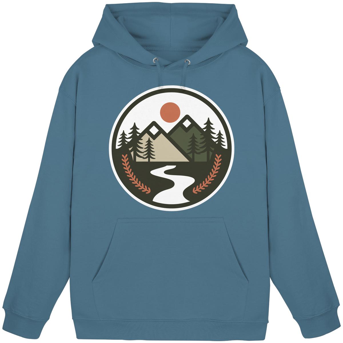 Front view of Arvenzo Open Ground hoodie in airforce blue, unisex design with a basic hoodie style.