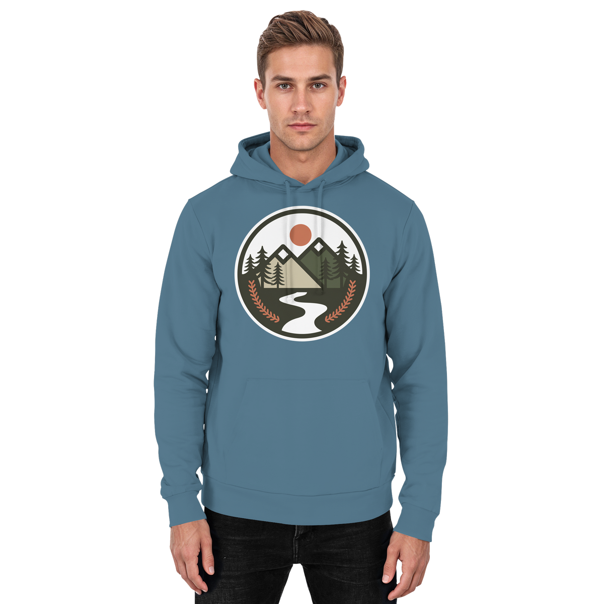 Front view of Arvenzo Open Ground unisex hoodie in Airforce Blue, featuring a basic design and comfortable fit.