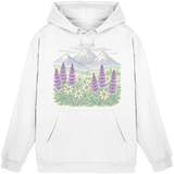 Arvenzo Alpine Bloom Hoodie in Arctic White, unisex front view showing casual hoodie with a simple design and comfortable fit.
