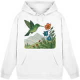 Arvenzo Bloom Wing hoodie in Arctic White, front view showing unisex hoodie with a floral wing design on the chest.