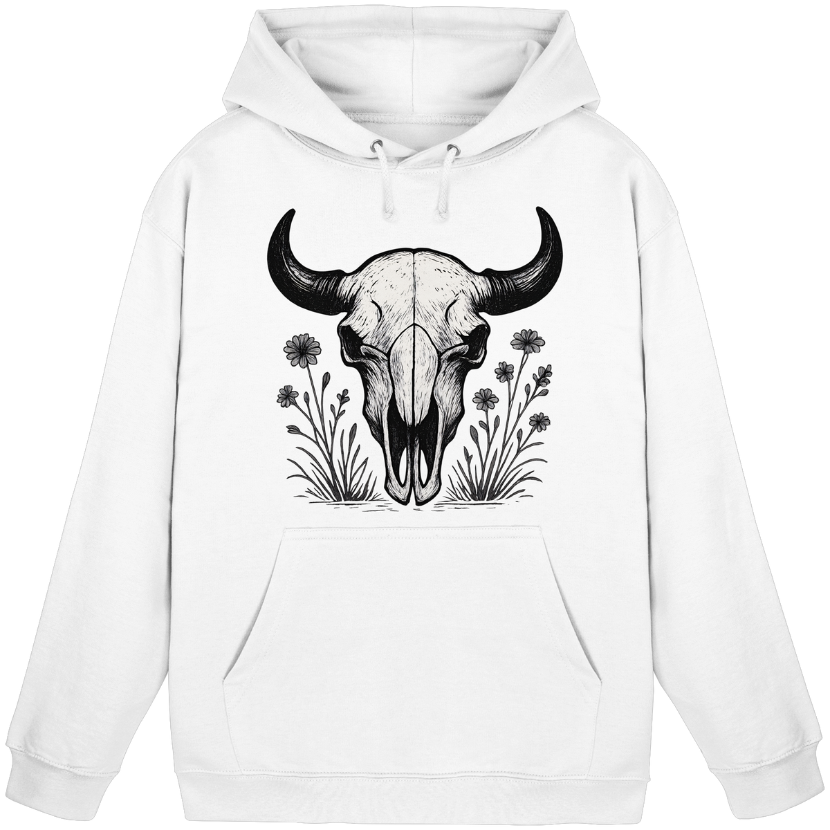 Unisex Arctic White Bison Skull Hoodie by Arvenzo, front view showing the bold bison skull graphic on the hoodie.