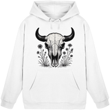 Unisex Arctic White Bison Skull Hoodie by Arvenzo, front view showing the bold bison skull graphic on the hoodie.