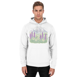 Arvenzo Alpine Bloom hoodie in Arctic White, front view showing classic unisex hoodie with a simple design.