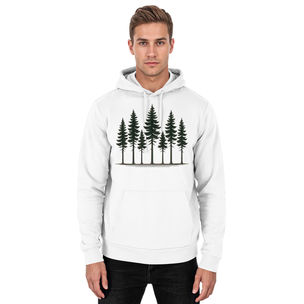Arvenzo Pine Dusk Hoodie in Arctic White, front view of a unisex hoodie with a minimalist design and comfortable fit.