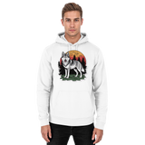 Arvenzo Lone Dusk unisex hoodie in Arctic White, front view showing a simple, comfortable hoodie with a hood and front pocket.