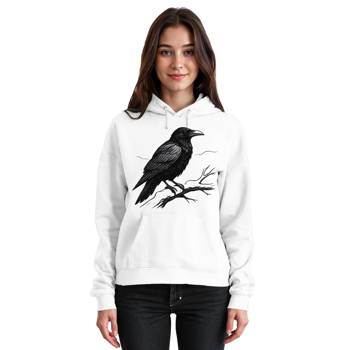 Front view of Arvenzo Dark Raven Hoodie, unisex hoodie in Arctic White with a simple, classic design.