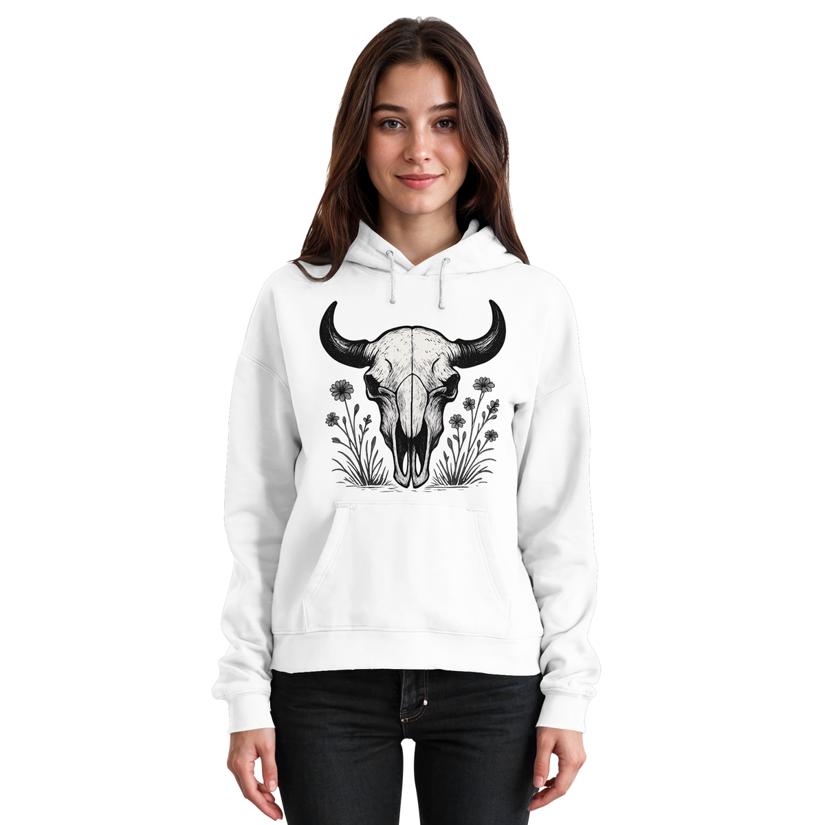 Arvenzo Bison Skull Hoodie in Arctic White, front view, unisex casual hoodie with bold bison skull graphic on the front.