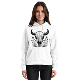Arvenzo Bison Skull Hoodie in Arctic White, front view, unisex casual hoodie with bold bison skull graphic on the front.