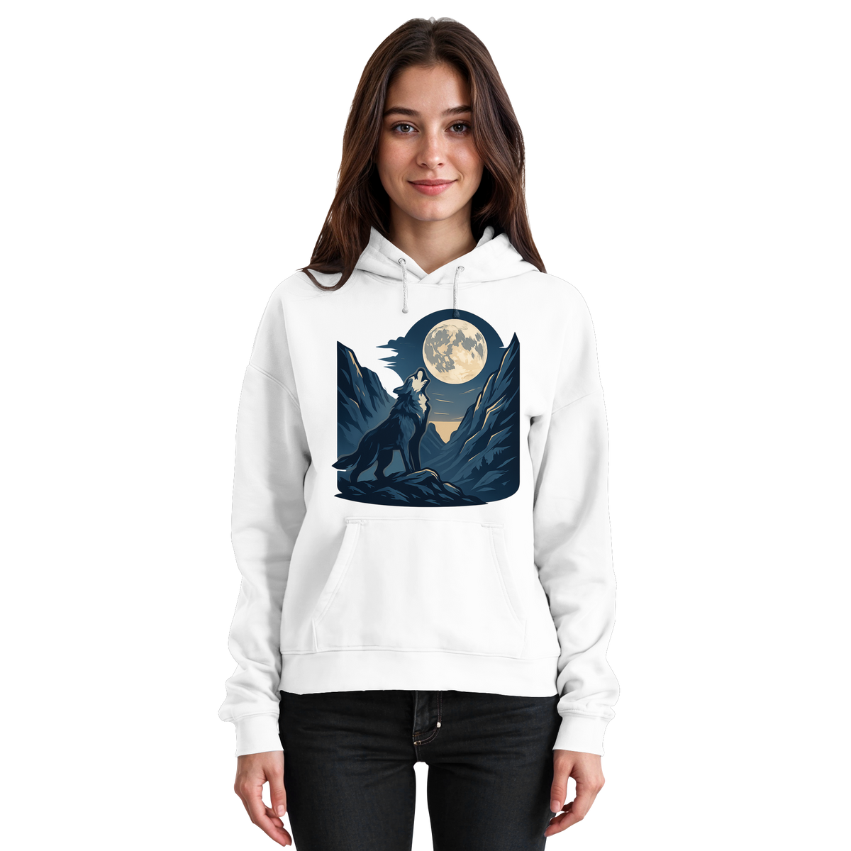 Front view of Arvenzo Silver Howl unisex hoodie in Arctic White with a simple design and adjustable drawstrings.