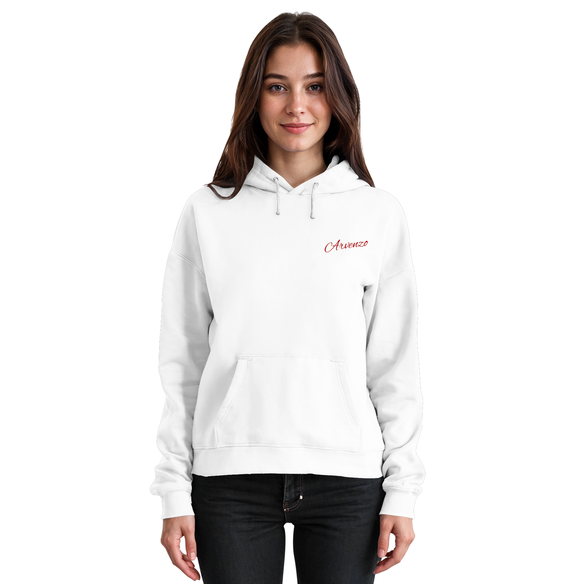 Front view of Arvenzo Pure Ground hoodie in Arctic White, unisex hoodie with a simple, clean design.