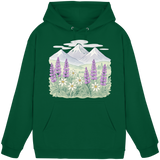Unisex Alpine Bloom hoodie by Arvenzo in bottle green, front view showing simple design and comfortable fit.