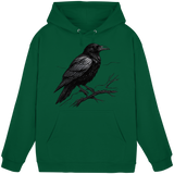 Unisex bottle green Dark Raven Hoodie by Arvenzo, front view showing simple design and comfortable fit.