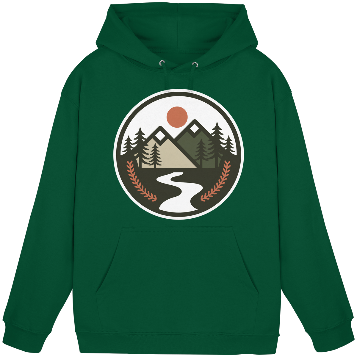 Front view of Arvenzo Open Ground hoodie, unisex design in bottle green with a simple, classic hoodie style.