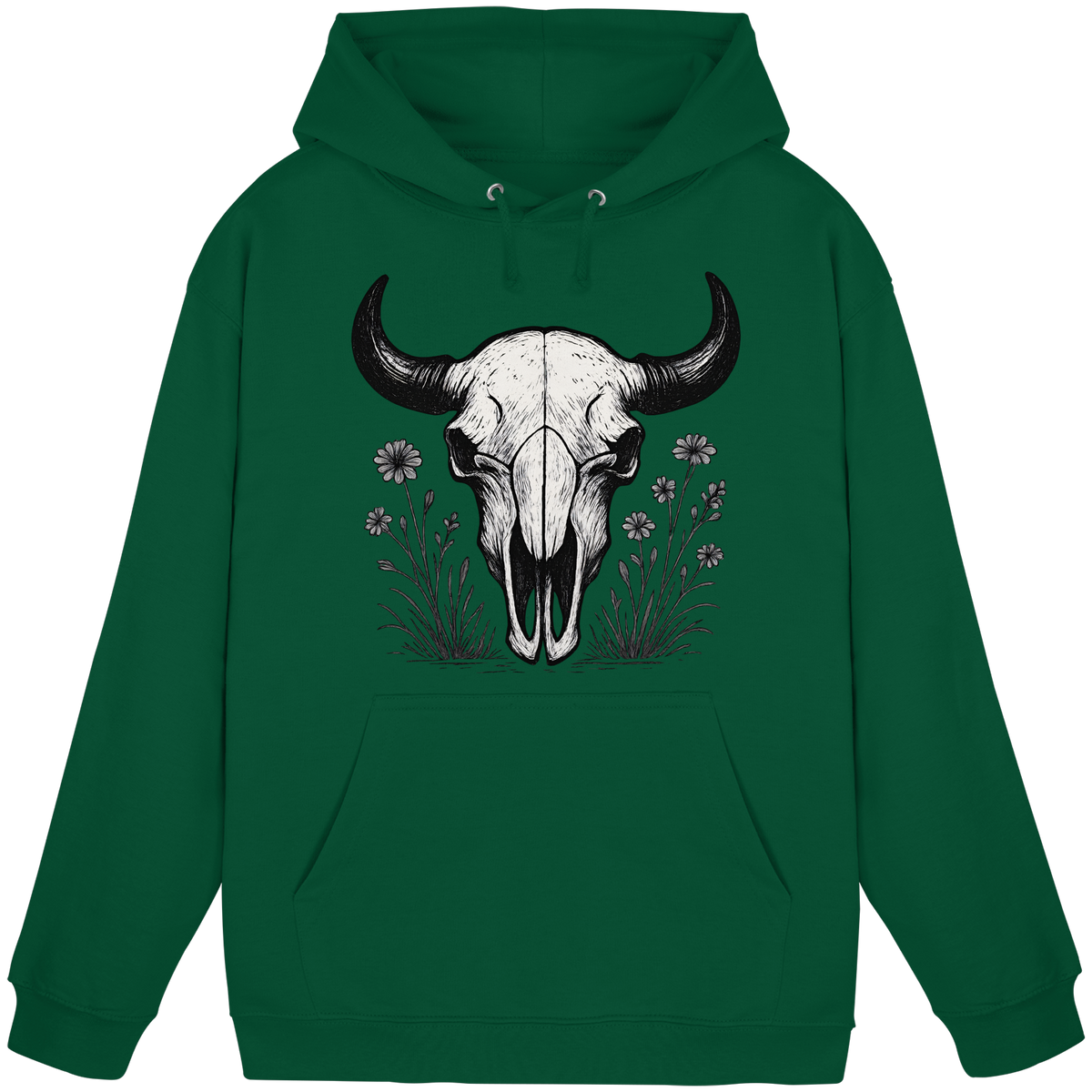 Unisex bottle green hoodie by Arvenzo featuring a front Bison Skull graphic design.