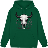 Unisex bottle green hoodie by Arvenzo featuring a front Bison Skull graphic design.