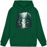 Bottle green Fall Creek hoodie by Arvenzo, front view showing a classic unisex hoodie design with a hood and front pocket.