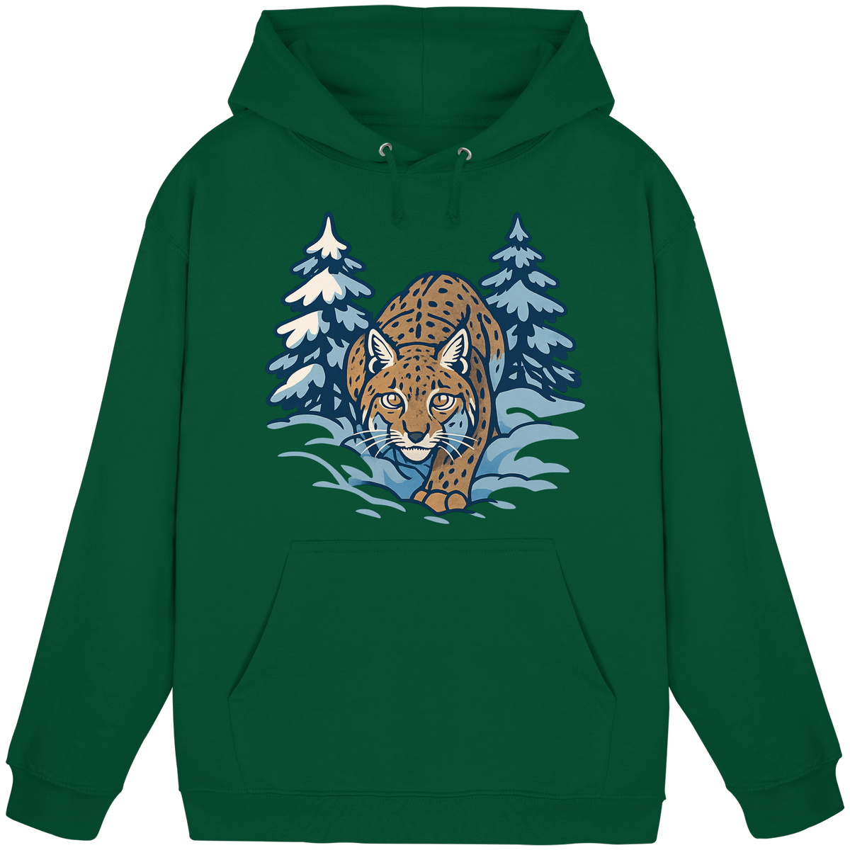 Arvenzo Snow Lynx hoodie in bottle green, front view showing unisex design and cozy fit.