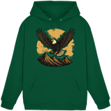 Front view of Arvenzo Iron Wing hoodie in bottle green, unisex design with a simple Iron Wing graphic on the chest.