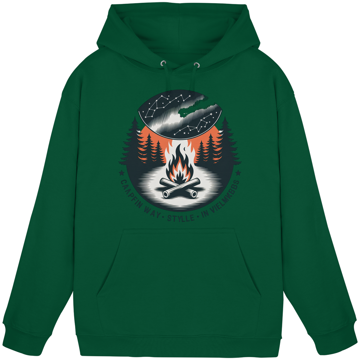 Unisex bottle green Star Map Hoodie by Arvenzo, front view showing celestial star pattern on cozy hoodie fabric.