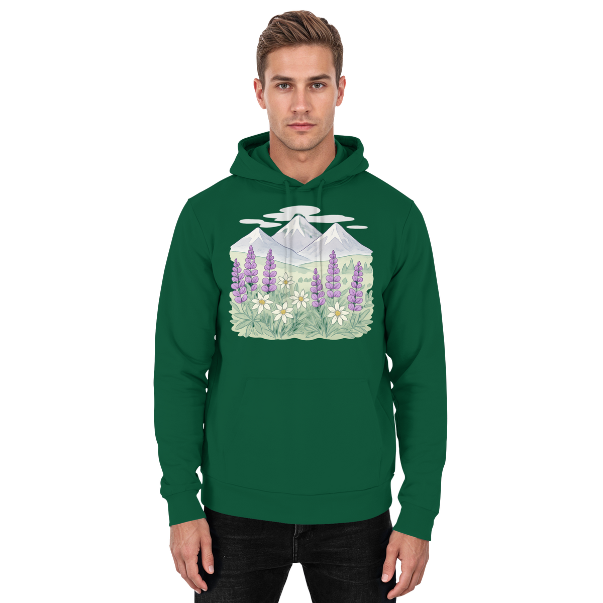 Front view of Arvenzo Alpine Bloom Hoodie in bottle green, a unisex hoodie with a simple design and soft fabric.