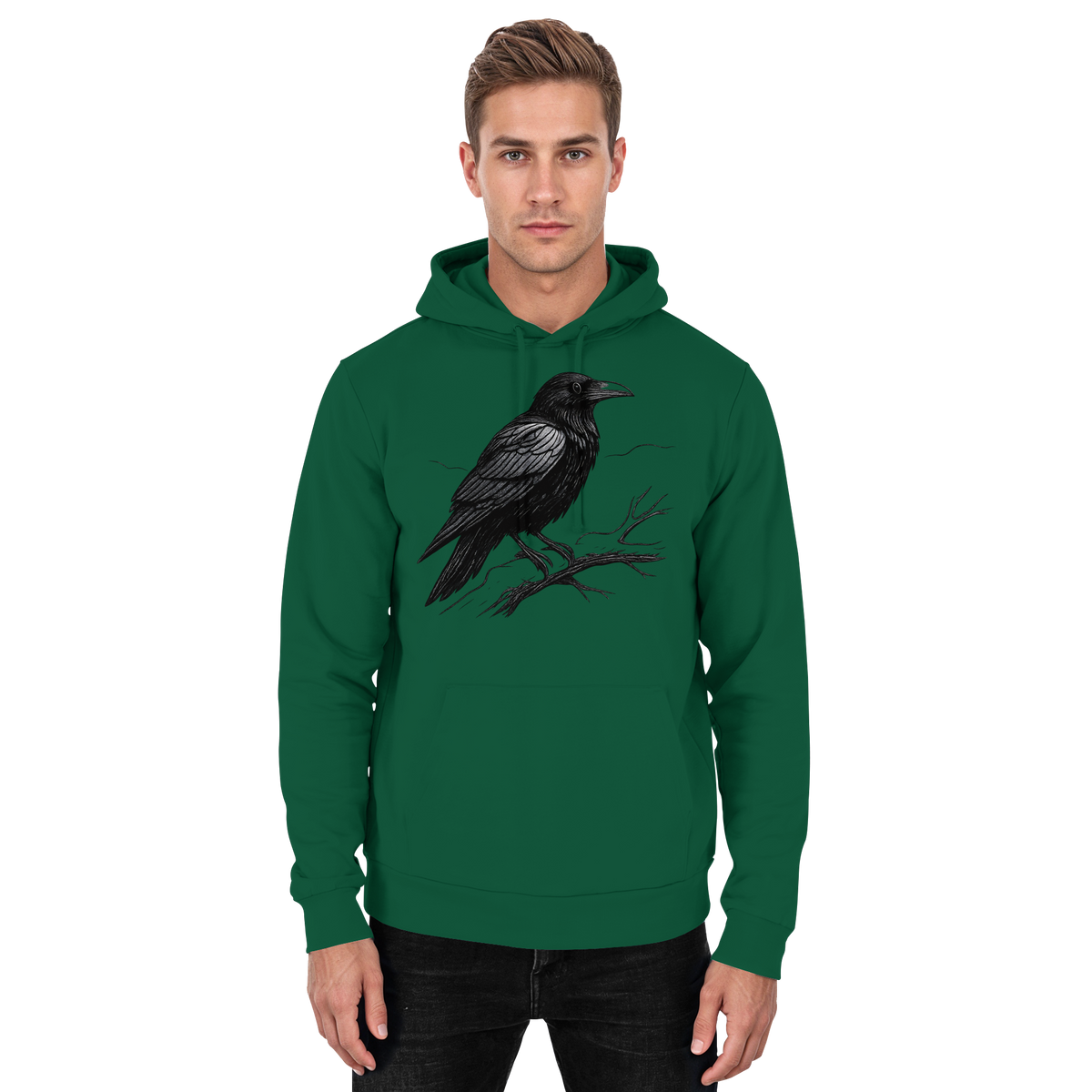 Front view of Arvenzo Dark Raven Hoodie in bottle green, unisex design with a simple, classic hoodie style and front pocket.