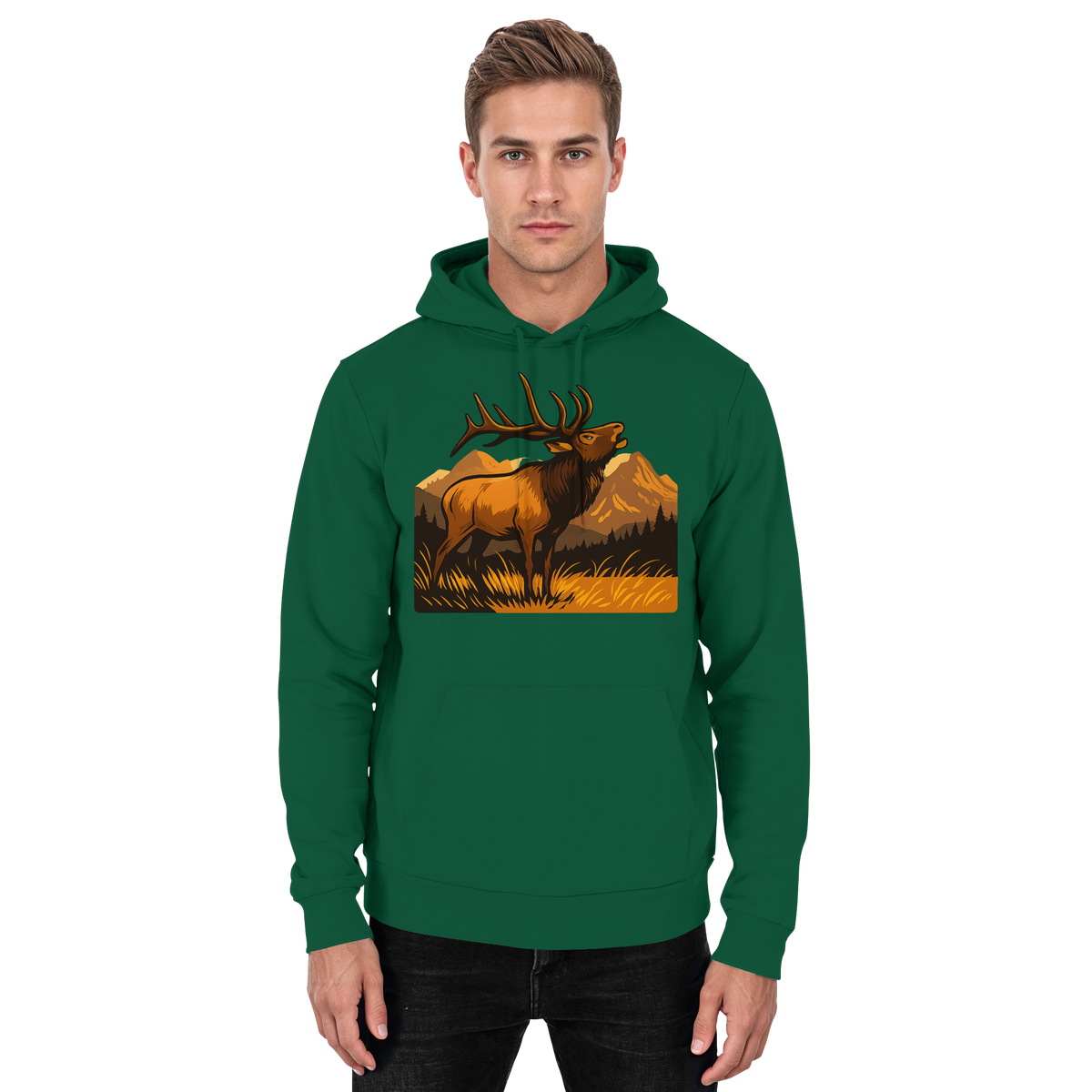 Front view of Arvenzo Elk Meadow Hoodie in bottle green, a unisex hoodie with a simple, comfortable design.