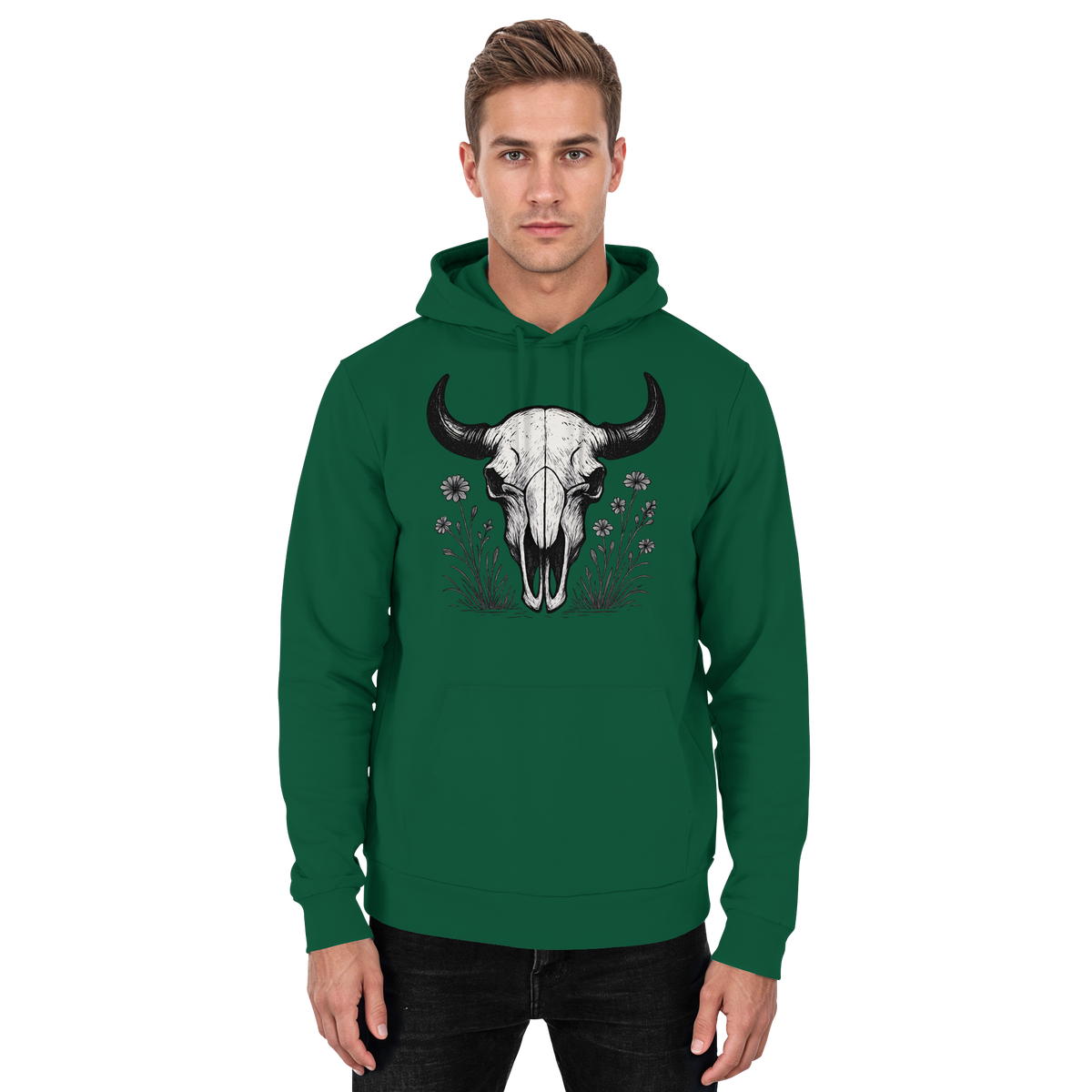 Unisex bottle green hoodie by Arvenzo featuring a bison skull graphic on the front.