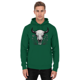 Unisex bottle green hoodie by Arvenzo featuring a bison skull graphic on the front.