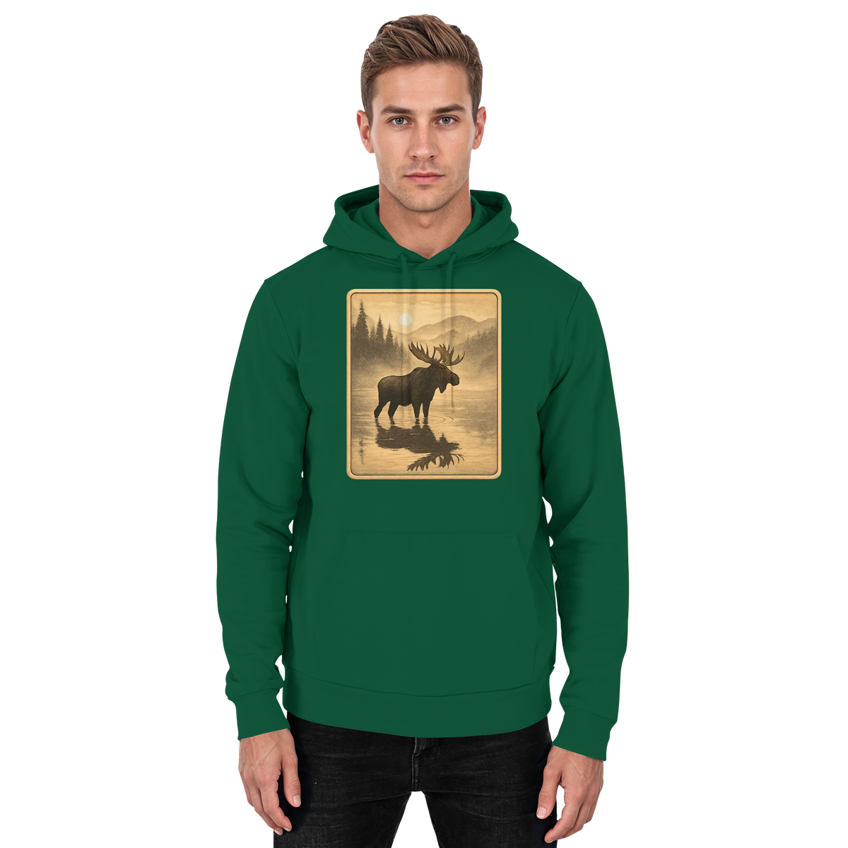 Unisex Calm Shore hoodie by Arvenzo in bottle green, front view showcasing a casual, comfortable design for everyday wear.