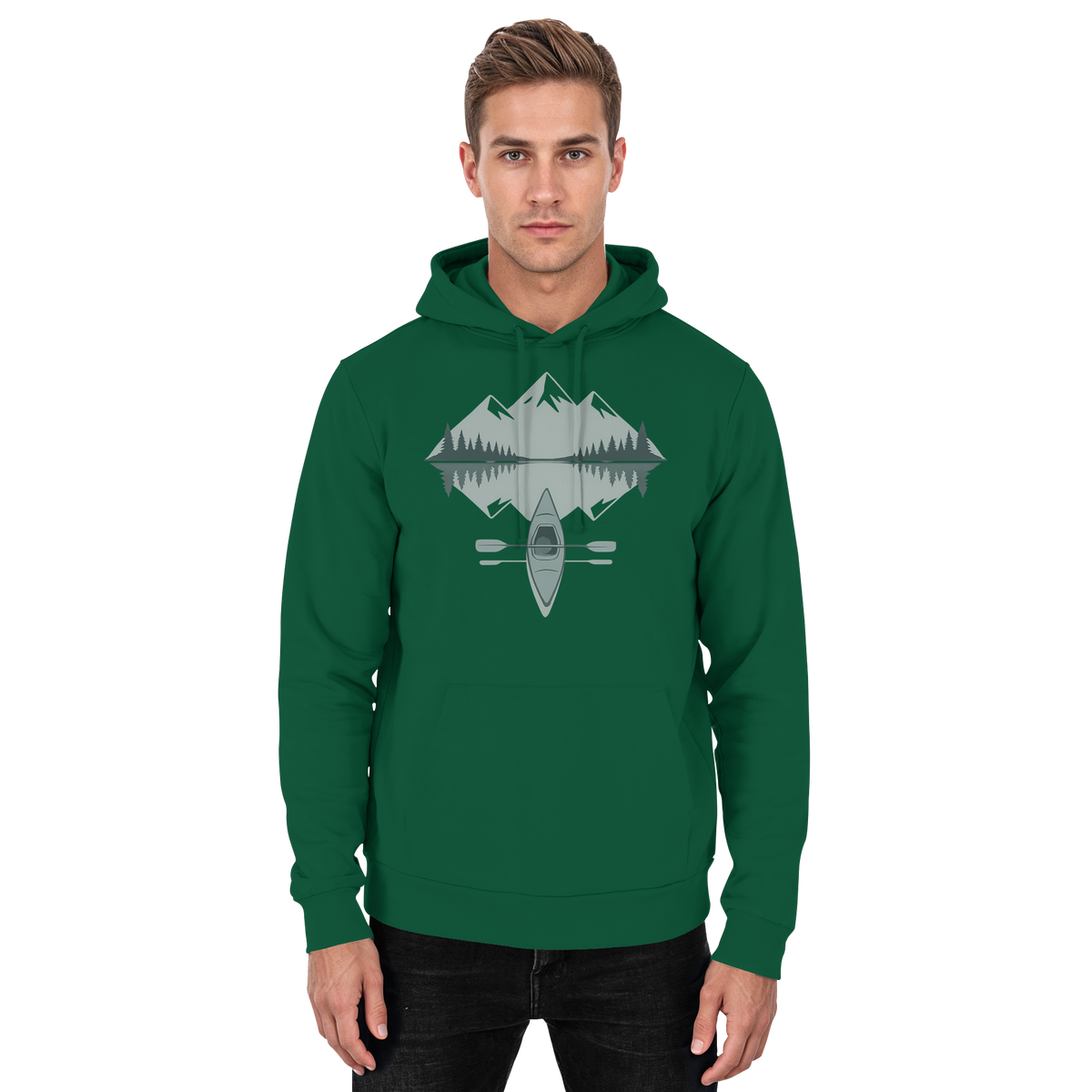 Arvenzo Mirror Lake Hoodie in bottle green, front view, unisex casual hoodie with a simple design and comfortable fit.