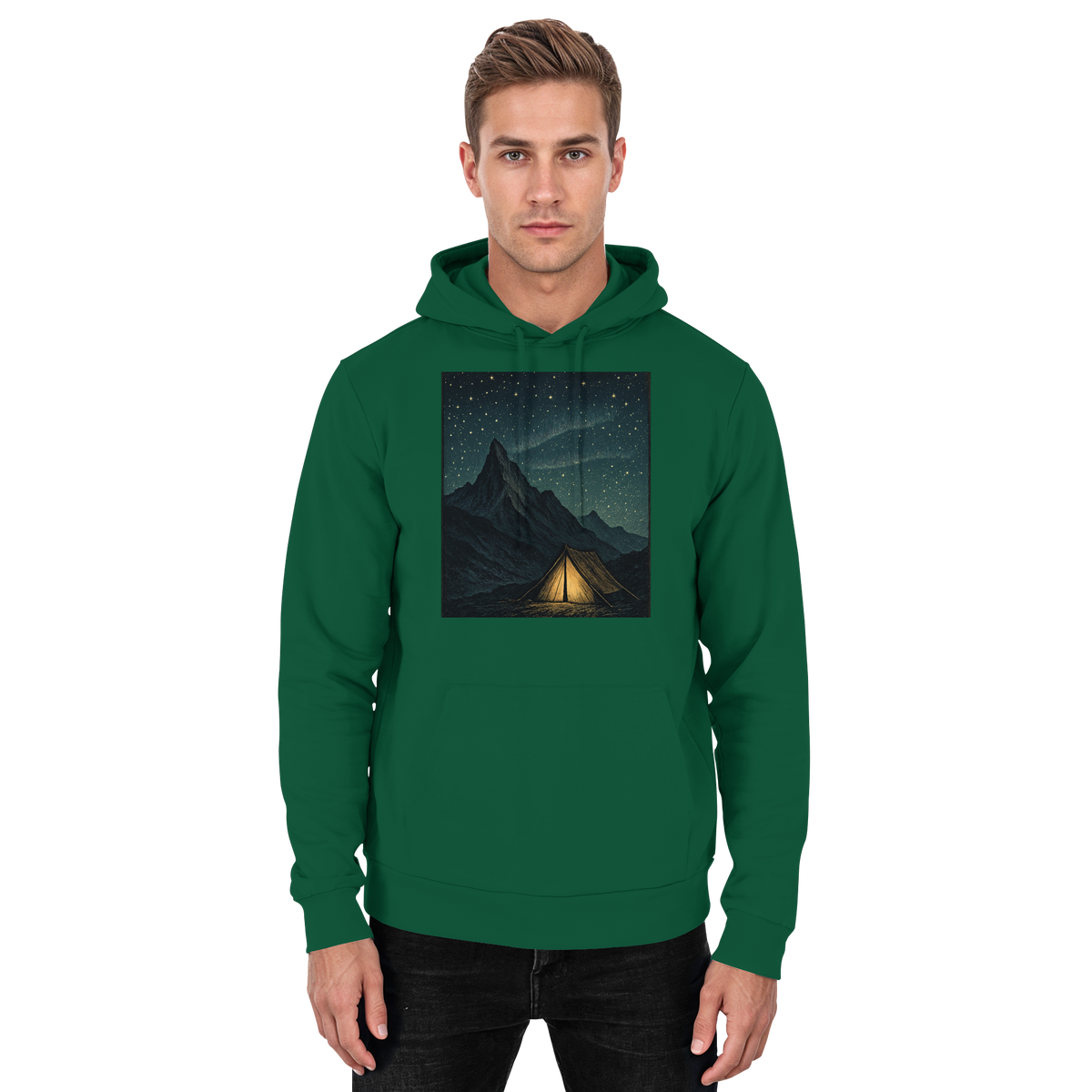 Arvenzo North Light hoodie in bottle green, front view, unisex design with a comfortable fit and minimalist style.