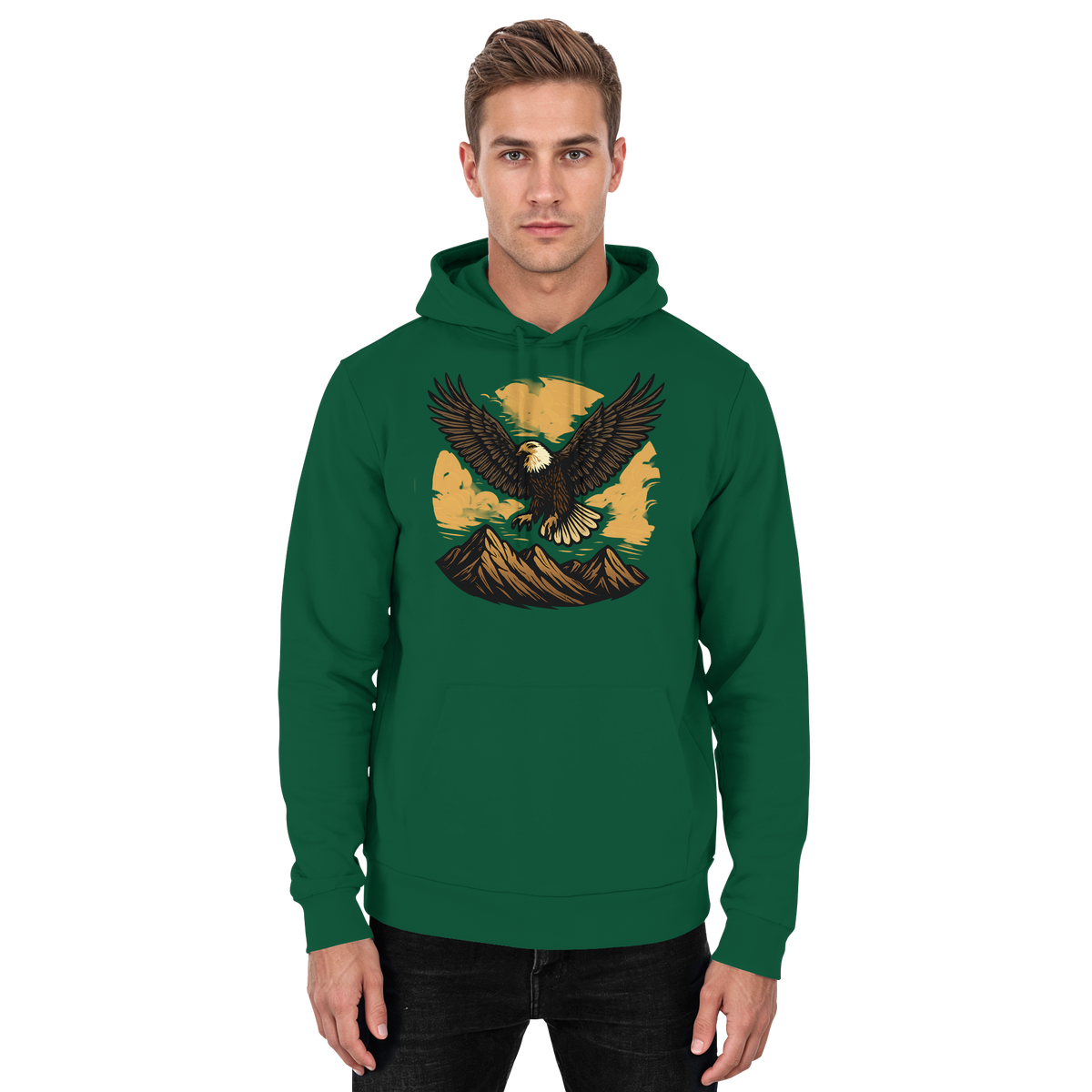 Arvenzo Iron Wing hoodie in bottle green, unisex front view featuring a simple, stylish design with a hood and long sleeves.