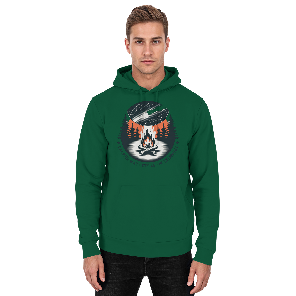 Bottle green unisex Star Map Hoodie by Arvenzo, featuring a front design with celestial star patterns and a comfortable hoodie fit.
