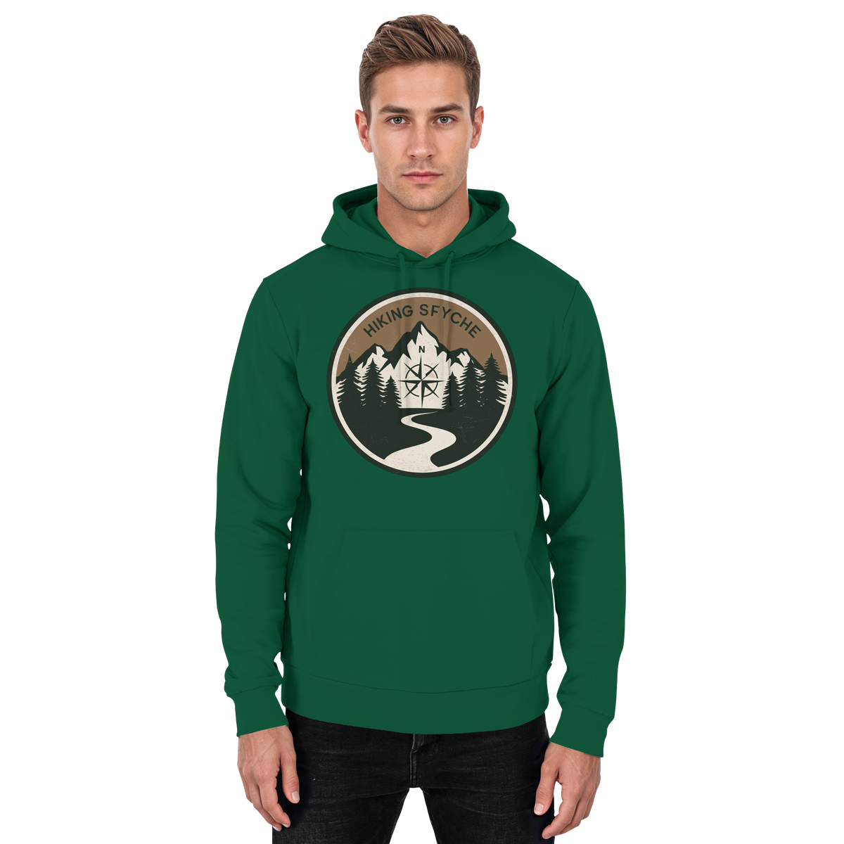 Front view of Arvenzo Trail Crest hoodie in bottle green, unisex design with a casual fit and minimalist style.