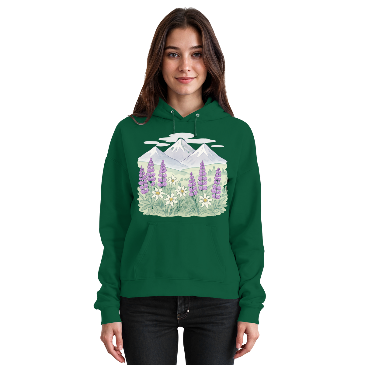 Arvenzo Alpine Bloom hoodie in bottle green, front view, unisex casual hoodie with a simple design and soft fabric.