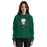 Bottle green Arvenzo Bison Skull hoodie shown from the front, featuring a unisex design and a bold printed bison skull graphic.
