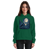 Front view of Arvenzo Silver Howl hoodie in bottle green, unisex design with a silver howl graphic on the chest.