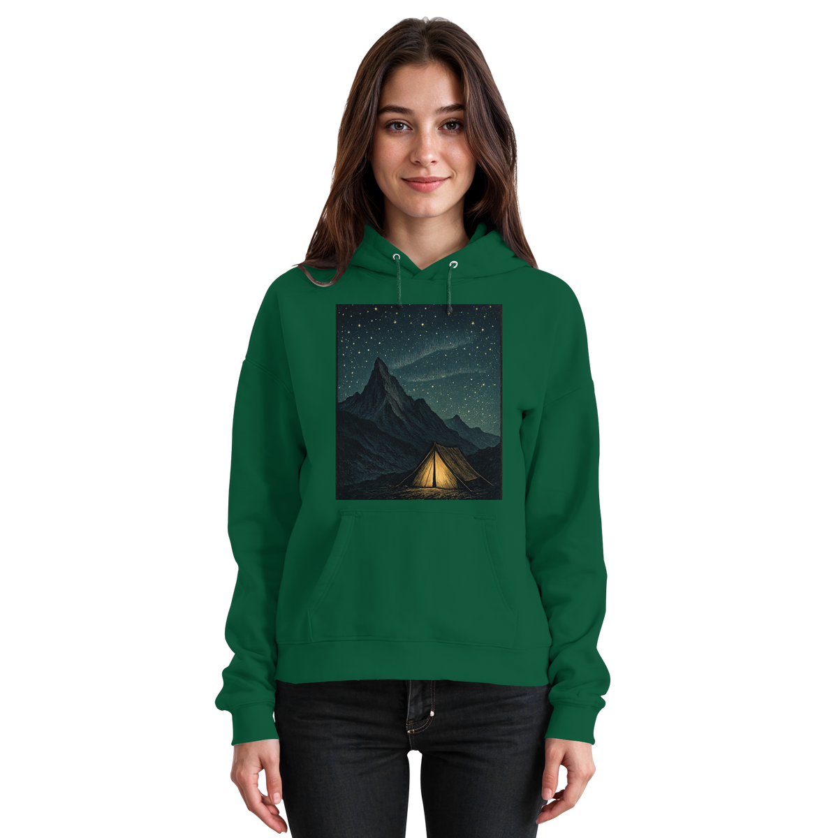 Arvenzo North Light Hoodie in bottle green, unisex front view showing a casual, comfortable hoodie with a hood and front pocket.