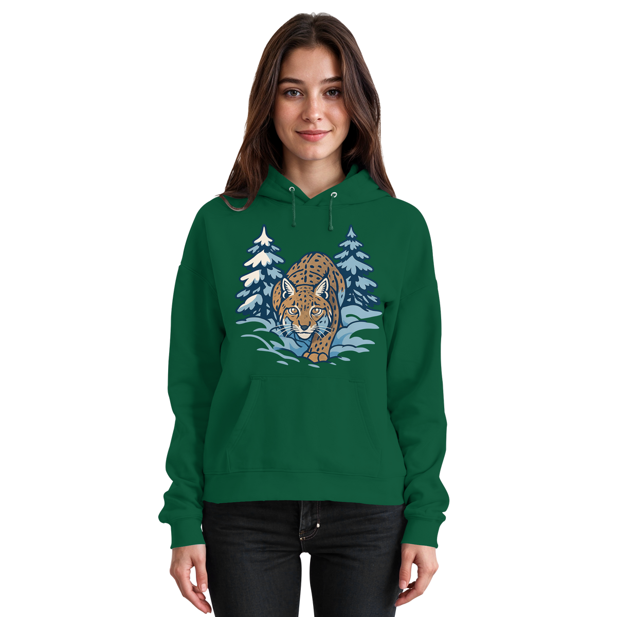 Front view of Arvenzo Snow Lynx Hoodie in bottle green, unisex design with a cozy hood and minimalist style.