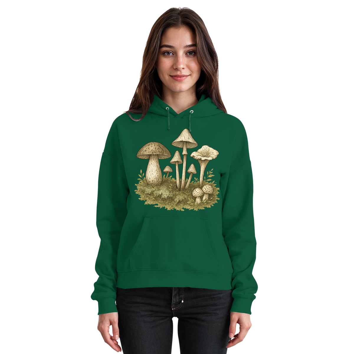 Arvenzo Forest Floor hoodie in bottle green, front view, unisex casual hoodie with forest-themed design and comfortable fit