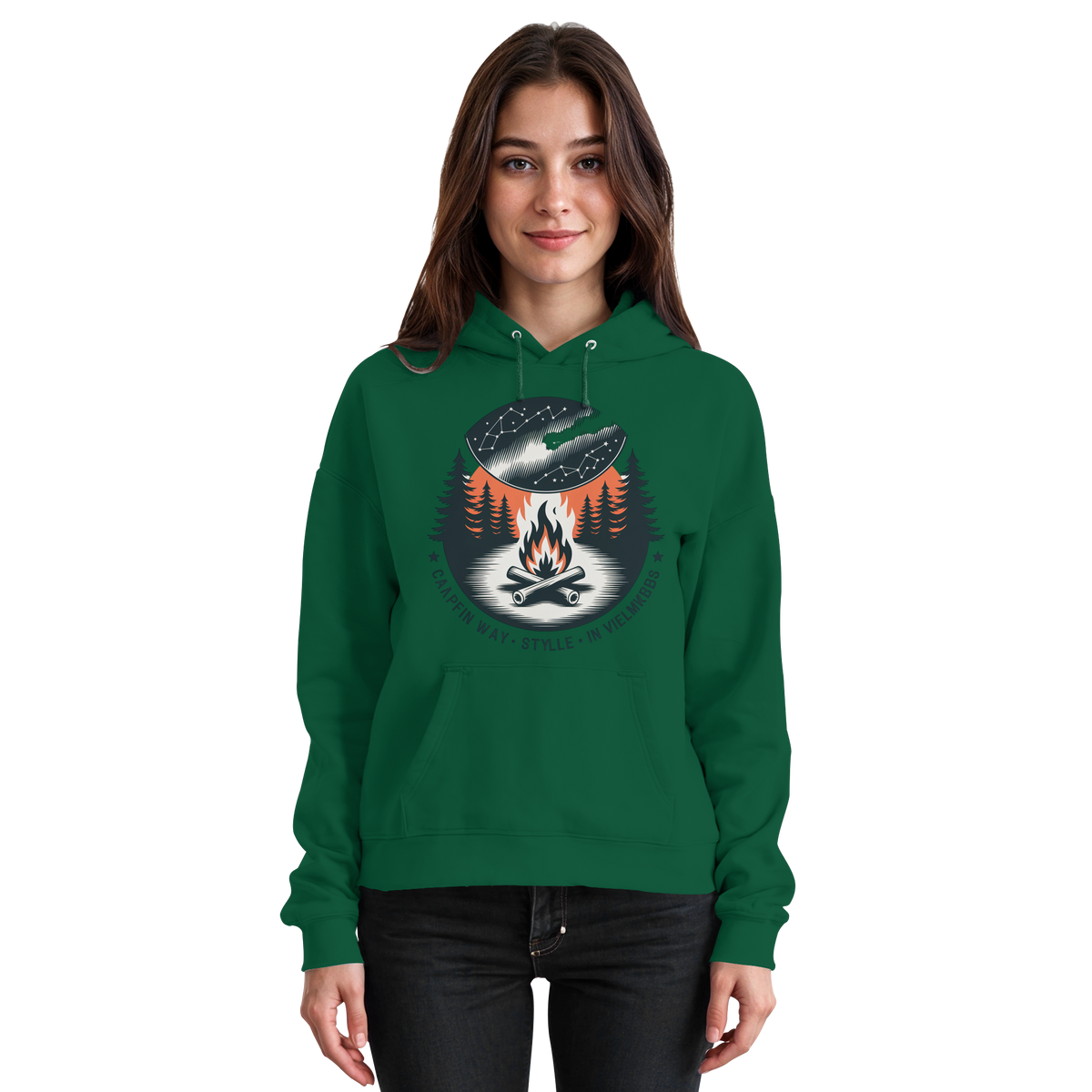 Bottle green unisex Star Map Hoodie by Arvenzo, front view showing starry design on soft cotton fabric.