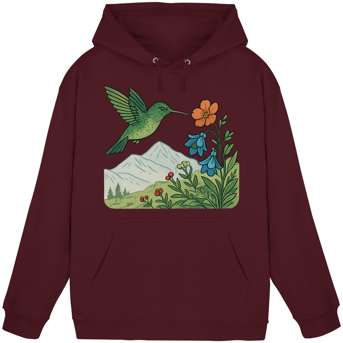 Front view of Arvenzo Bloom Wing unisex hoodie in burgundy, showcasing a simple design and comfortable fit.