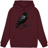 Dark Raven hoodie by Arvenzo, front view showing burgundy unisex hoodie with a simple design and adjustable drawstrings.