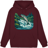 Front view of Arvenzo Silver Run hoodie, unisex burgundy sweatshirt with a simple design and adjustable drawstring hood.