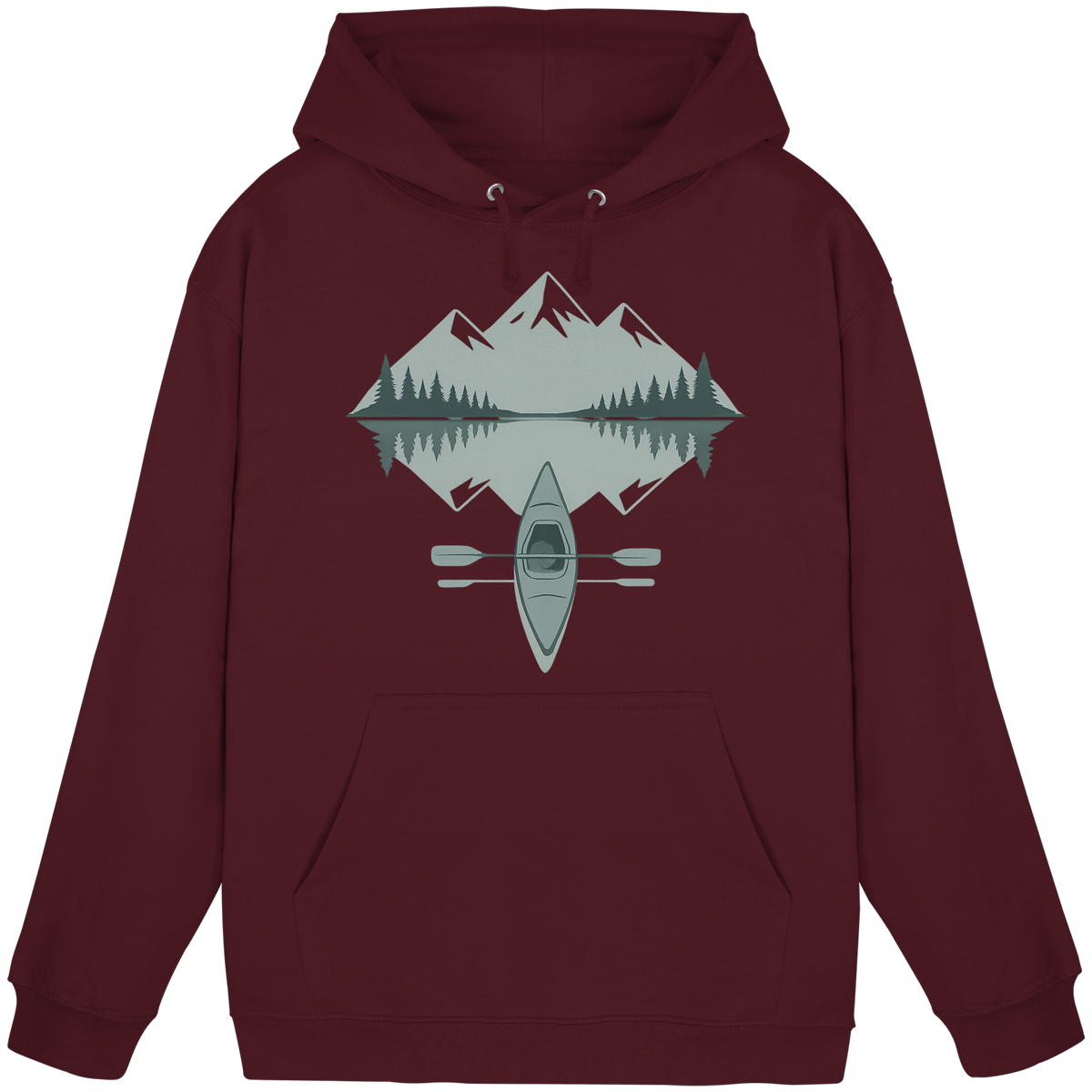 Front view of Arvenzo Mirror Lake burgundy unisex hoodie featuring a simple design and soft fabric.