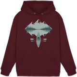 Front view of Arvenzo Mirror Lake burgundy unisex hoodie featuring a simple design and soft fabric.