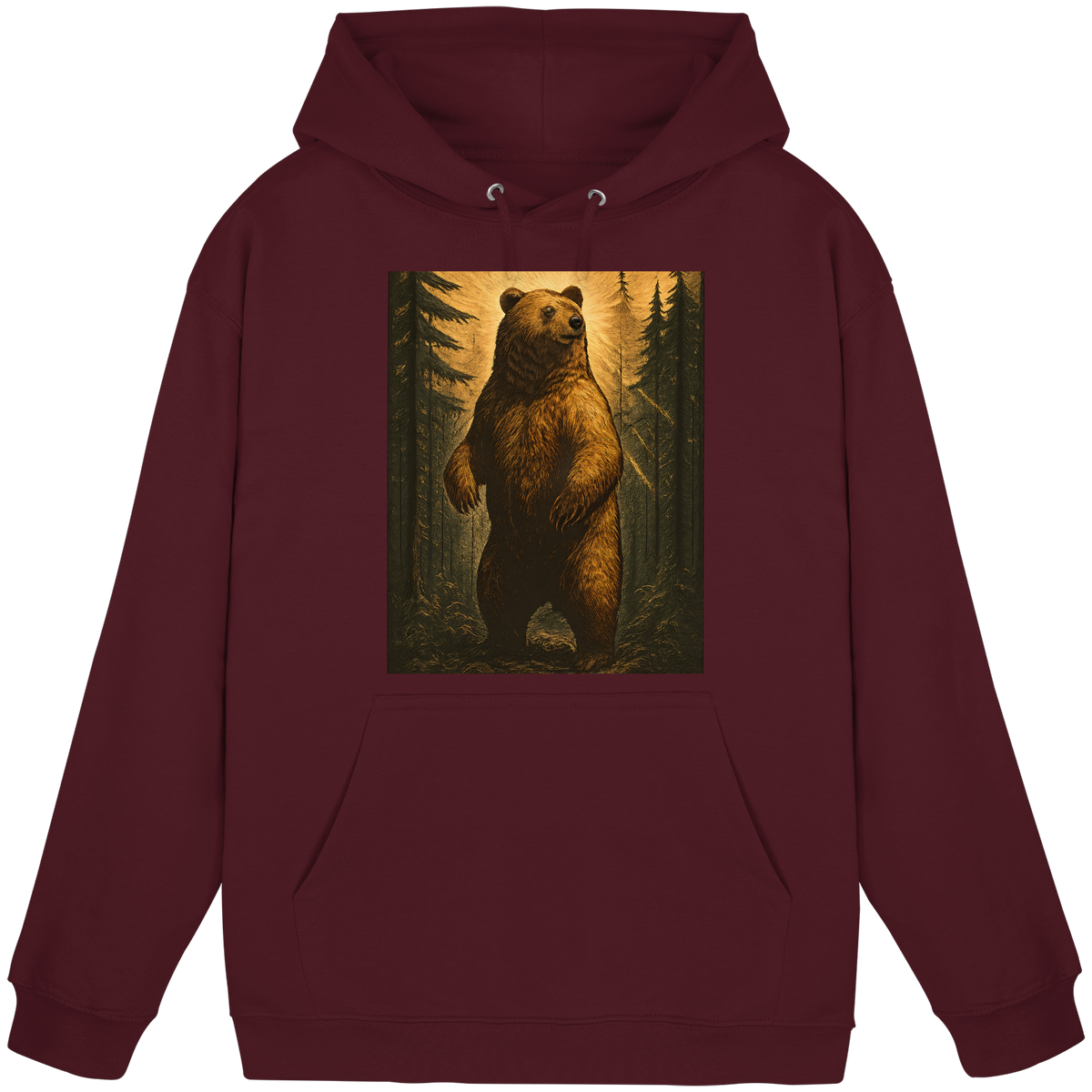 Front view of Arvenzo Deep Timber unisex hoodie in burgundy with a simple design and adjustable drawstring hood.