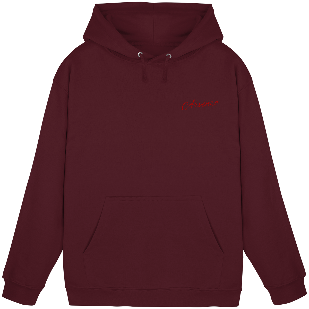 Front view of Arvenzo Pure Ground unisex hoodie in burgundy, showcasing a basic pullover design with a hood and front pocket.
