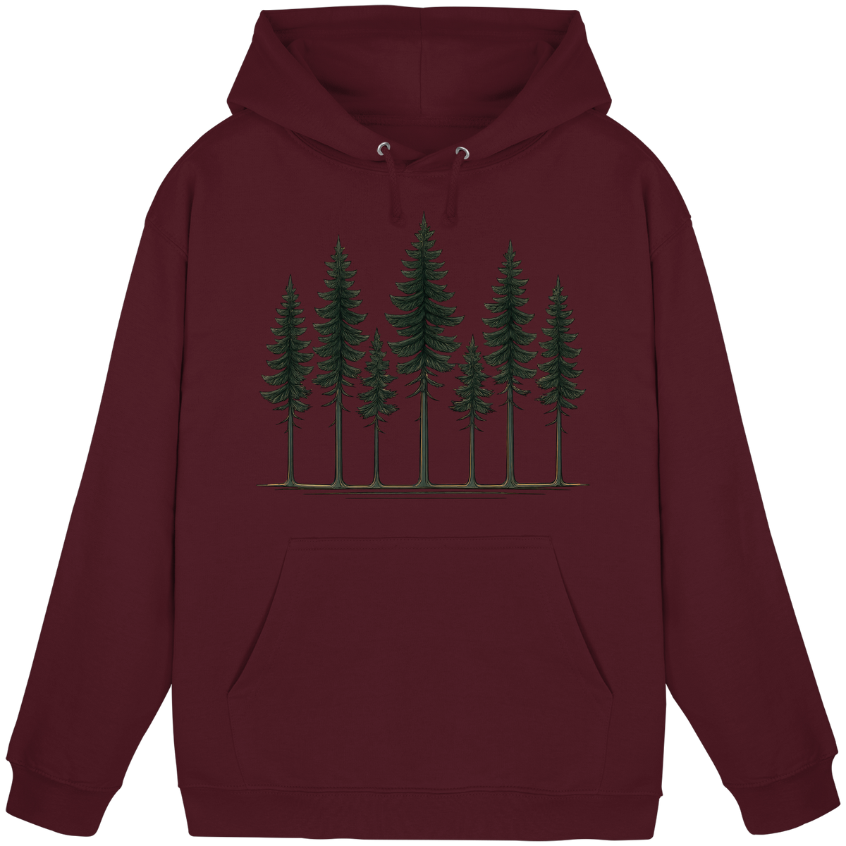 Unisex burgundy Pine Dusk Hoodie by Arvenzo, front view showing a cozy, casual hoodie with a drawstring hood and soft fabric.